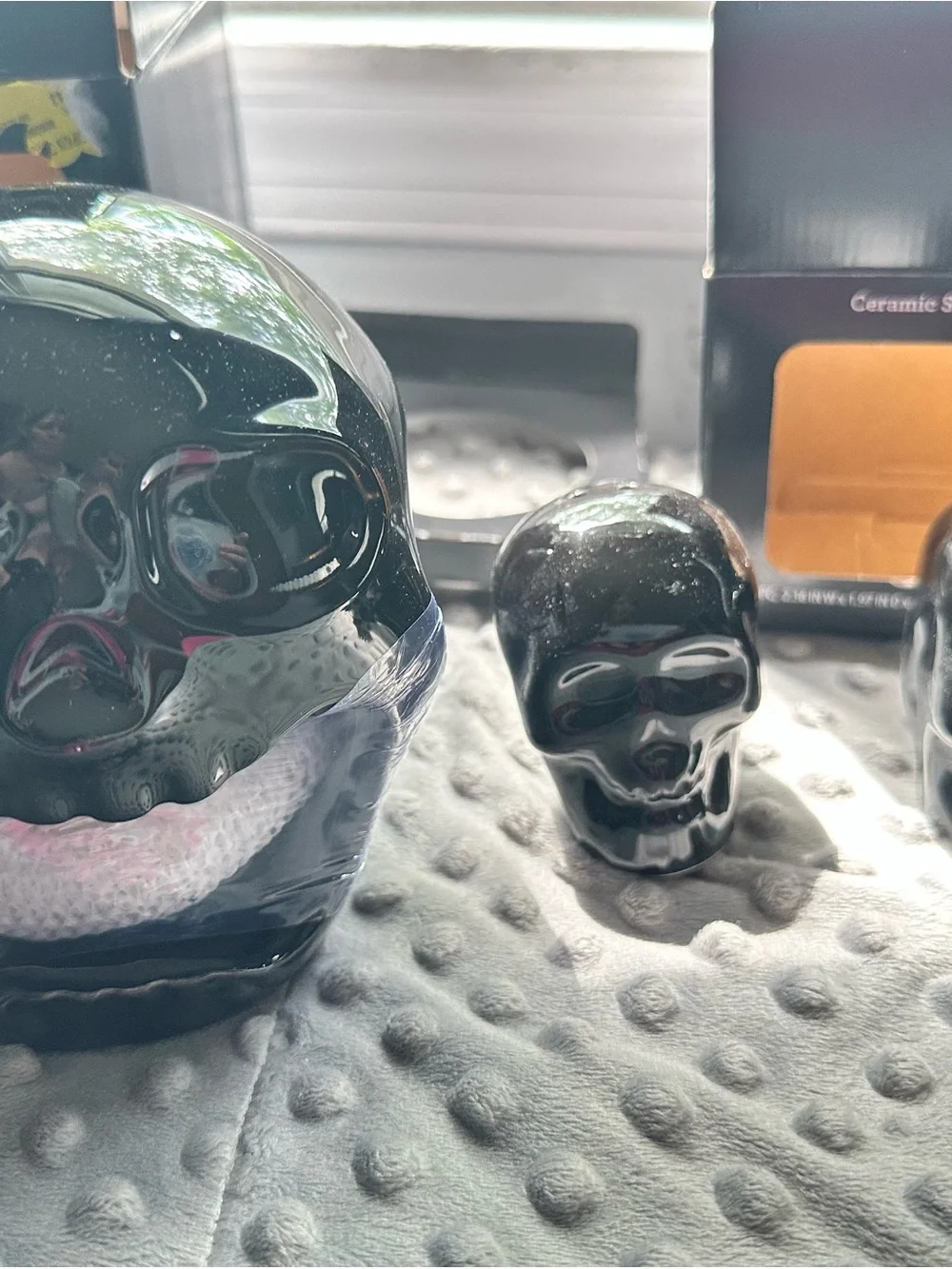 Black Glass Skull Sponge Holder -and salt and pepper shakers
